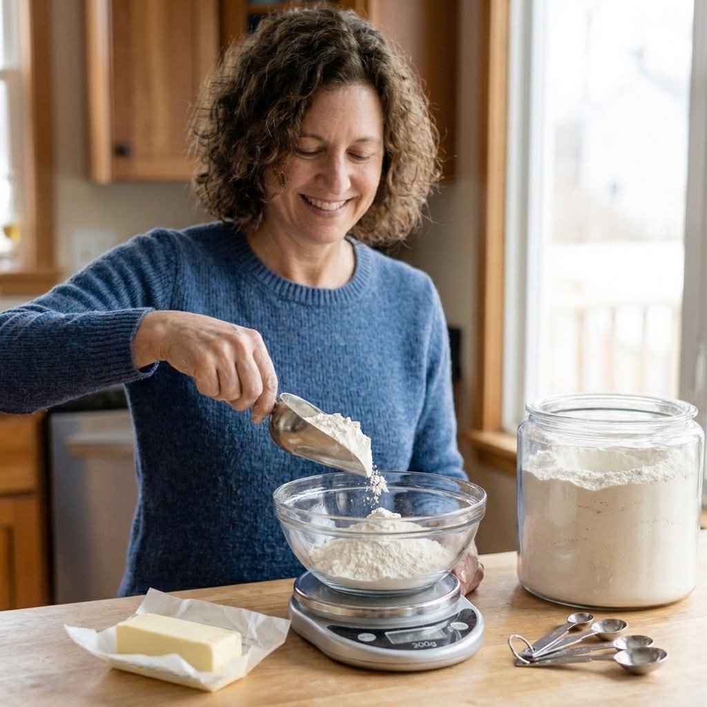 A glass bowl on a digital kitchen scale as flour is poured in, with butter and measuring spoons nearby on a clean counter