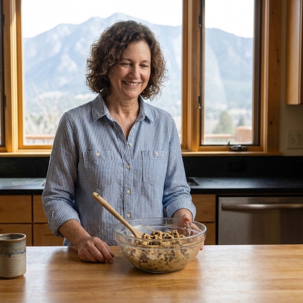 A glass mixing bowl filled with chocolate chip cookie dough on a kitchen counter, with a wooden spoon resting inside
