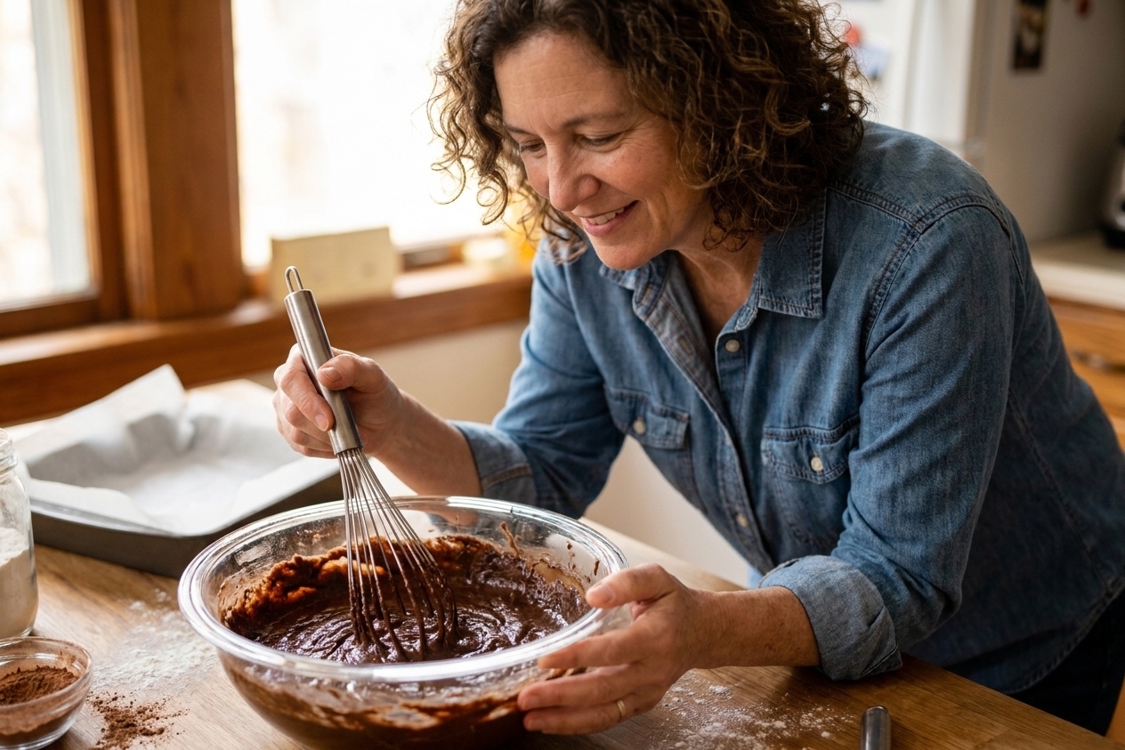 A glass mixing bowl of chocolate brownie batter with a whisk resting inside on a kitchen counter