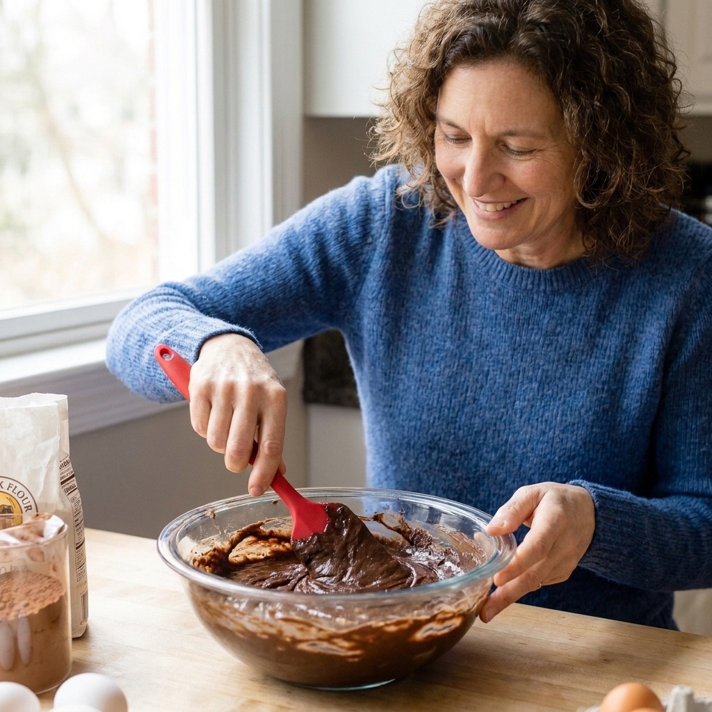 A glass mixing bowl of thick brownie batter being folded with a rubber spatula on a countertop