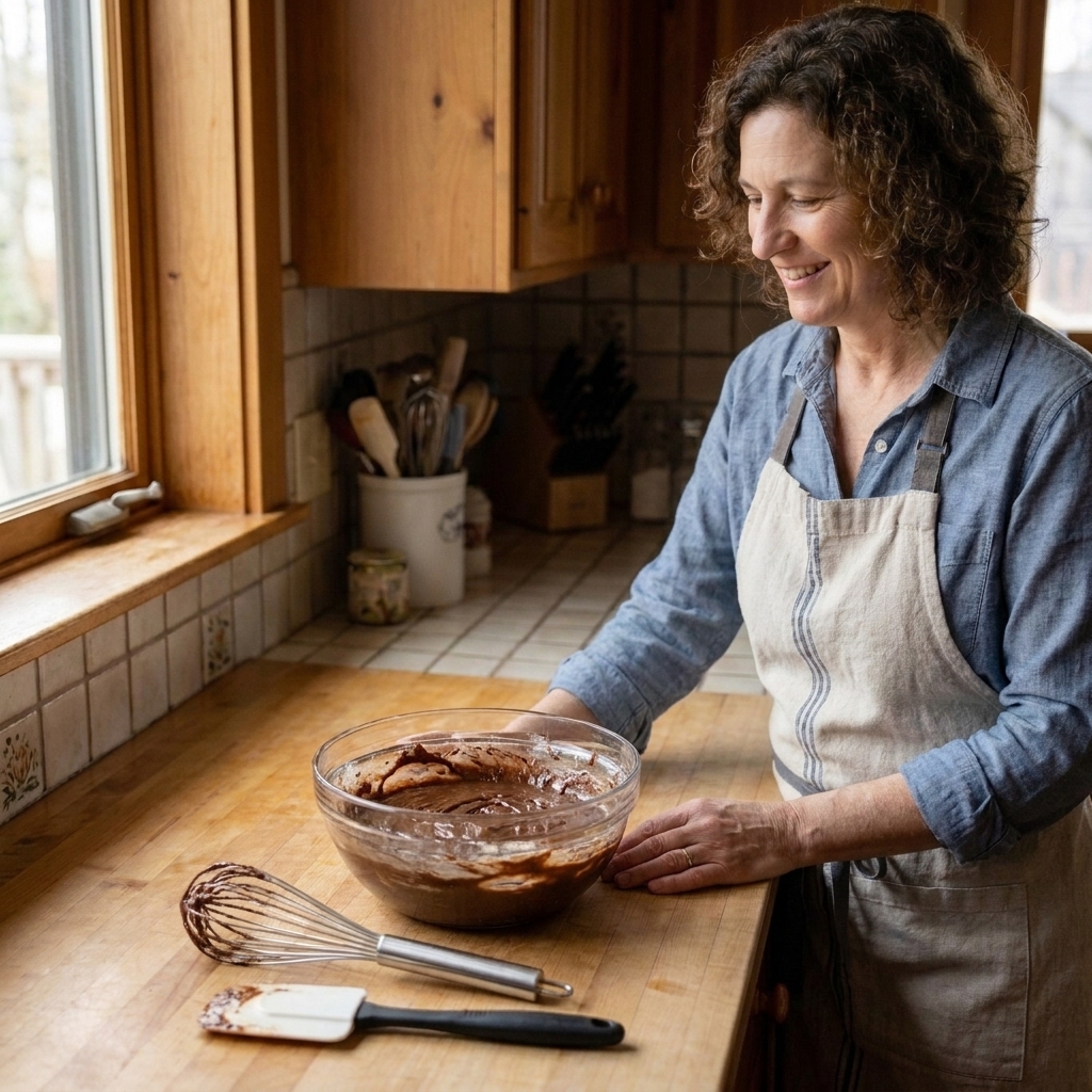 A glass mixing bowl of thick brownie batter resting on a countertop next to a whisk and rubber spatula, ready to be baked