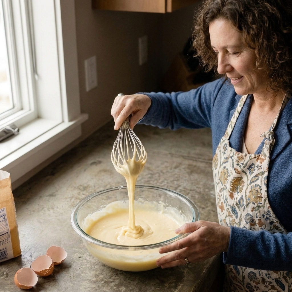 A glass mixing bowl with eggs and sugar being mixed until the mixture looks pale and thick