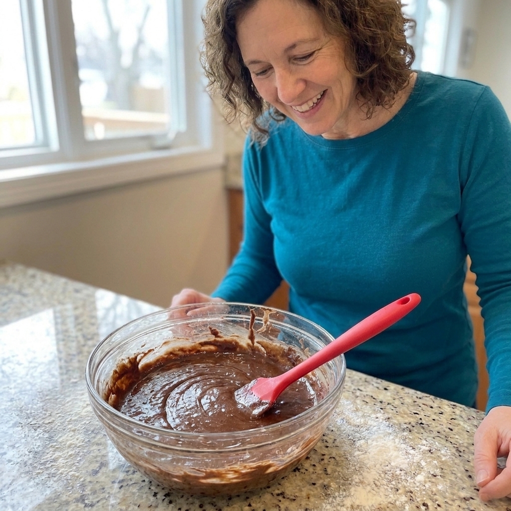 A glass mixing bowl with glossy chocolate brownie batter and a silicone spatula on a flour-dusted counter
