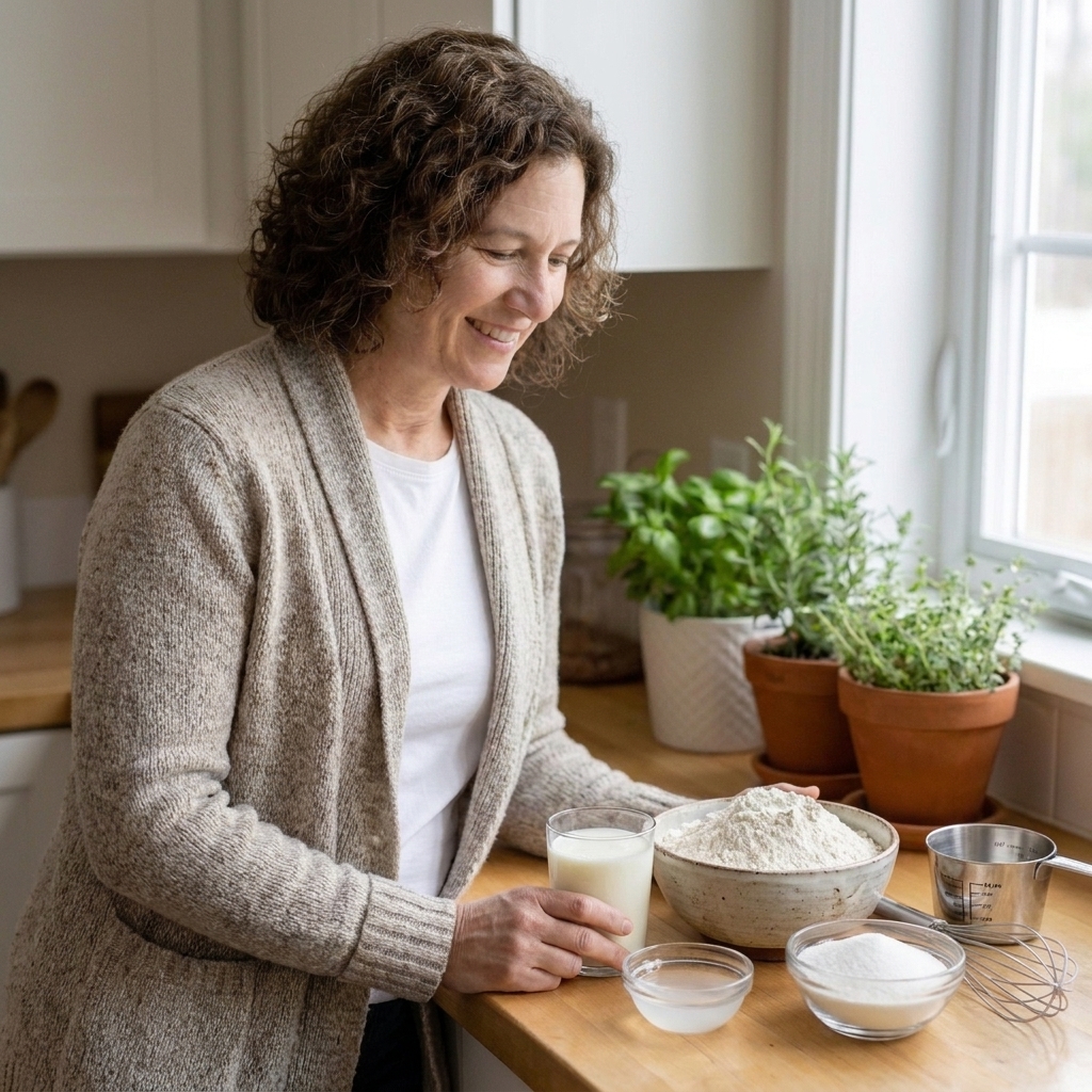 A glass of buttermilk and a small dish of white vinegar next to flour and sugar on a kitchen counter ready for baking