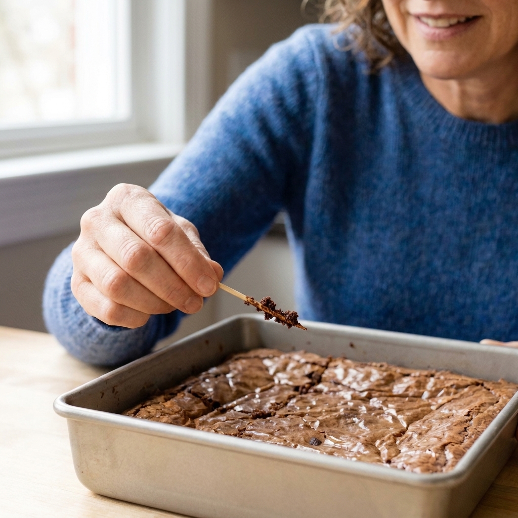 A hand holding a toothpick over a pan of brownies, showing moist crumbs on the toothpick after testing