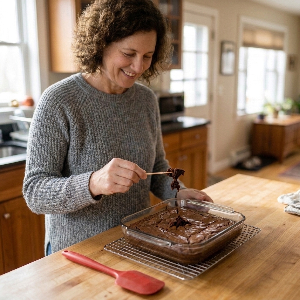A hand holding a toothpick over a pan of brownies, showing thick moist crumbs on the toothpick after testing the center