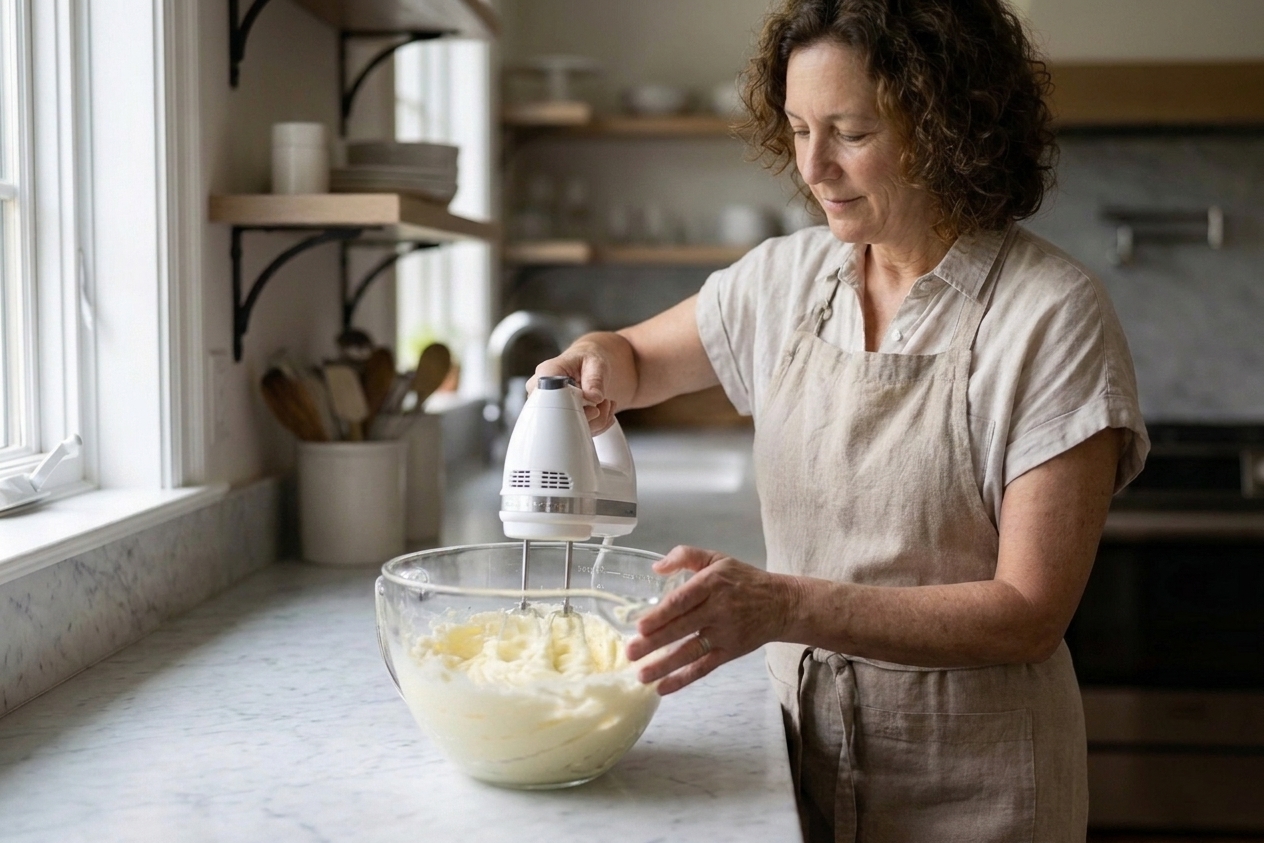 A hand mixer creaming butter and sugar in a large mixing bowl