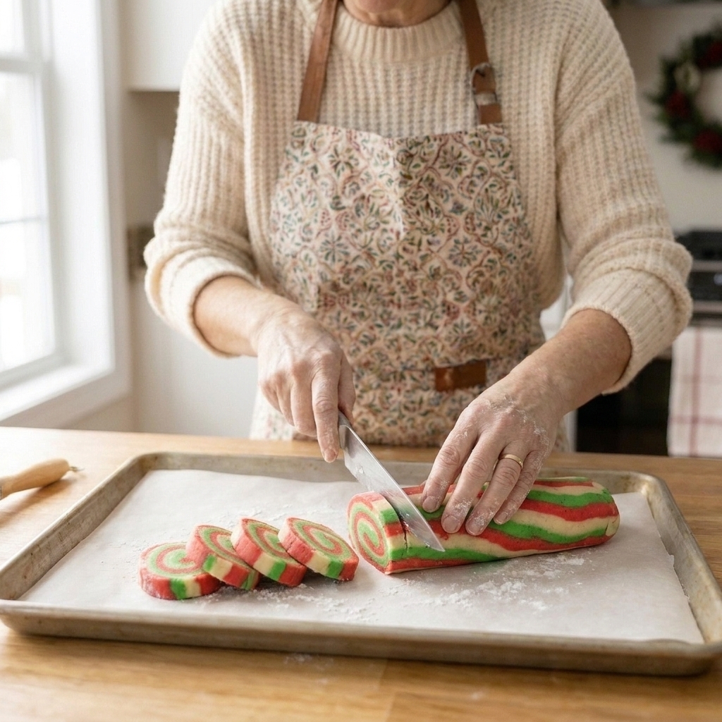 A hand slicing a chilled slice-and-bake cookie dough log into even rounds on a parchment-lined baking sheet