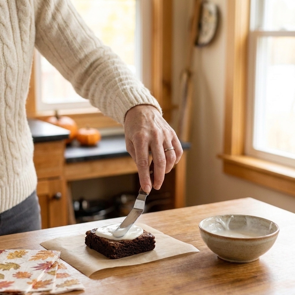 A hand using a small offset spatula to spread a thin layer of white icing on a brownie square