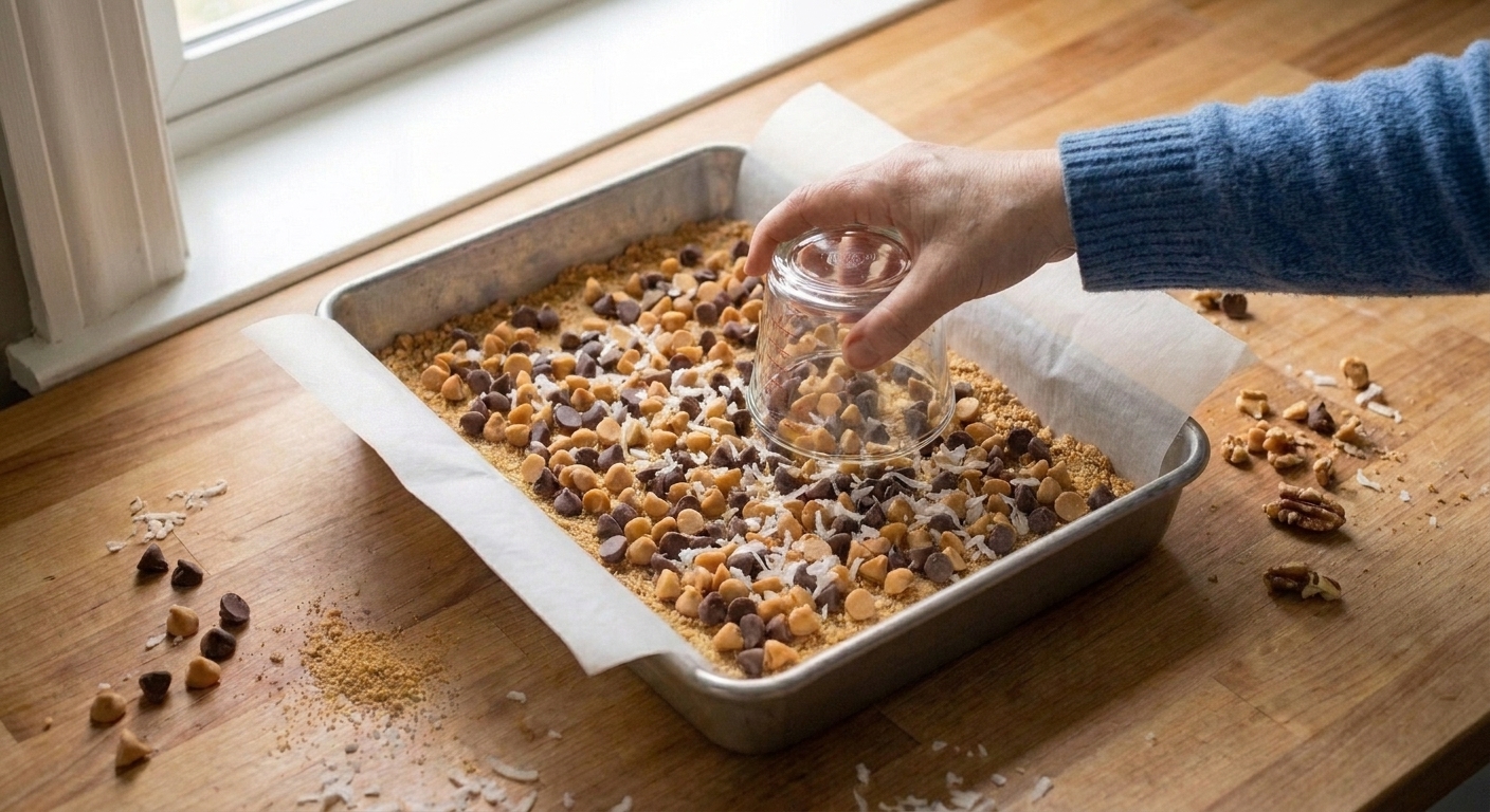 A hand using the bottom of a glass measuring cup to gently press down the topping layers in a pan of unbaked magic bars