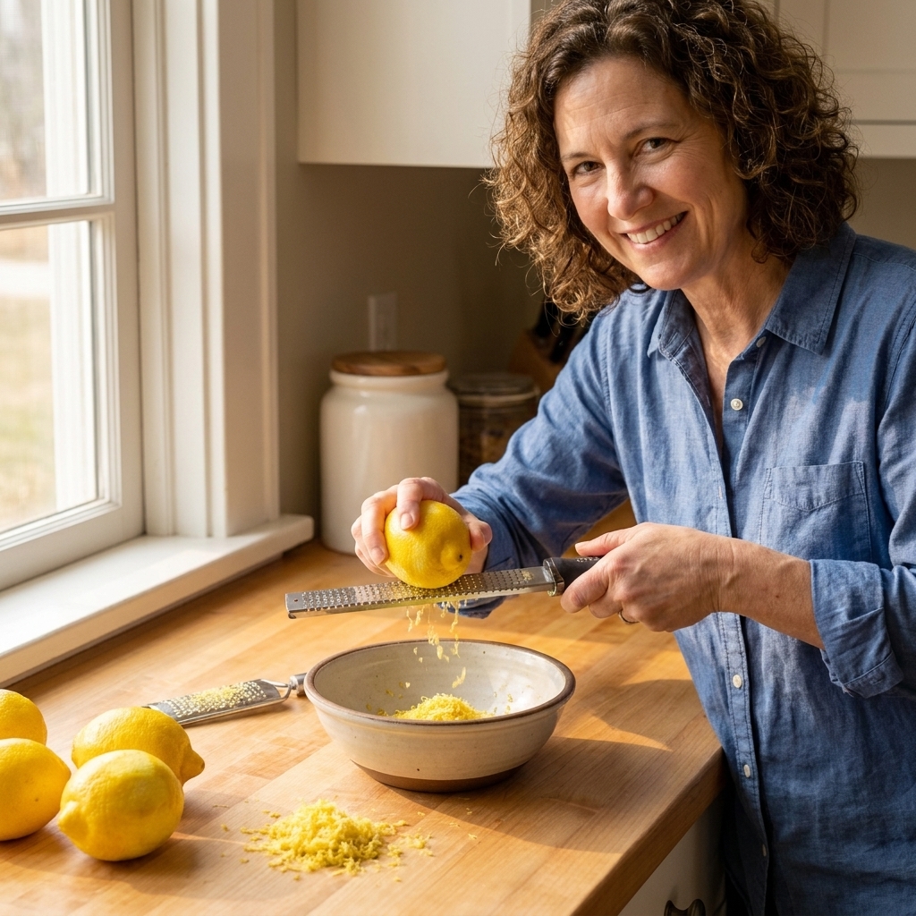 A hand zesting a fresh lemon with a microplane over a bowl, with whole lemons and a small pile of zest nearby on a kitchen counter