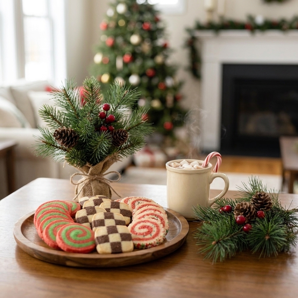 A holiday table setting with a plate of patterned slice-and-bake cookies next to a mug of hot cocoa and a small pine branch centerpiece
