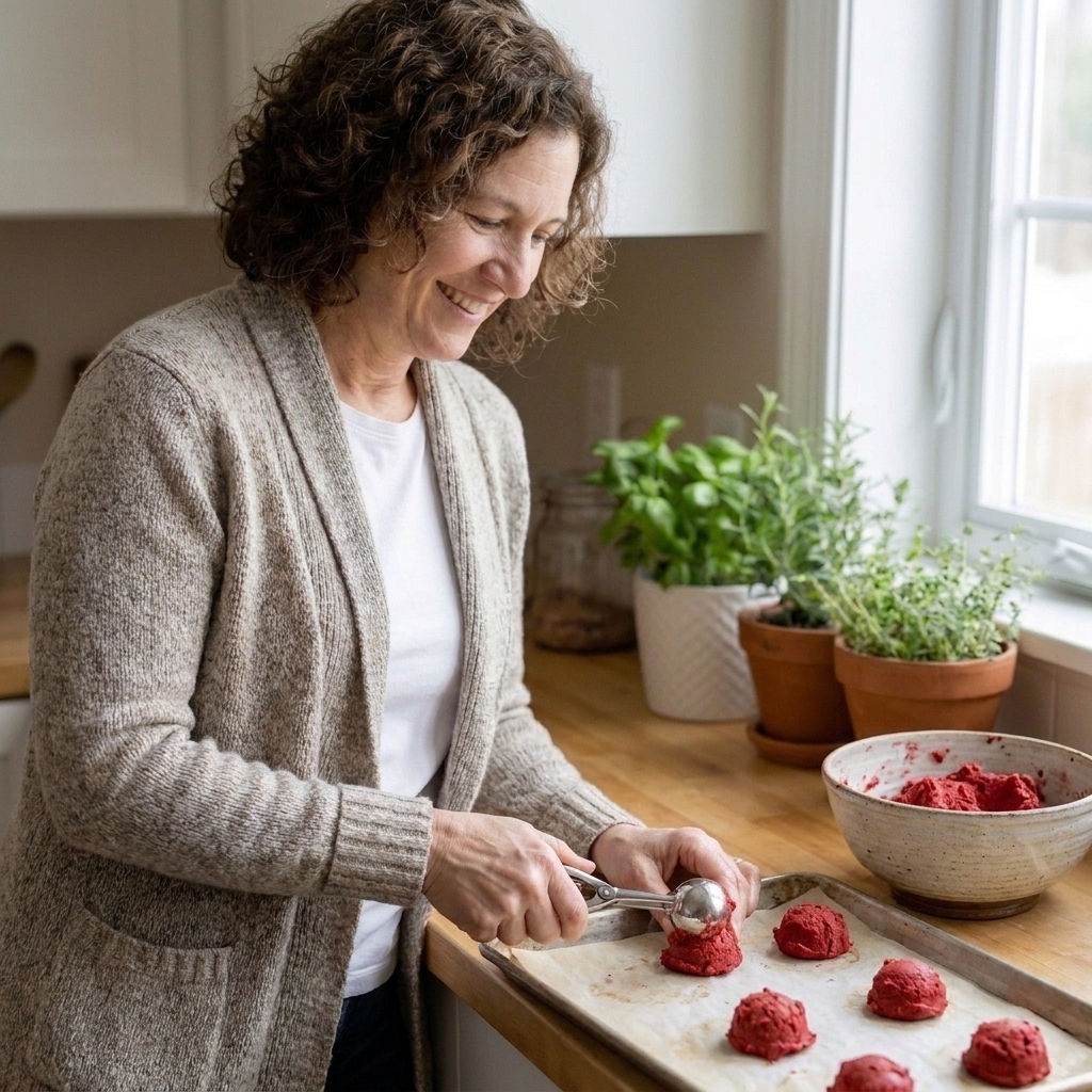 A home baker scooping bright red cookie dough onto a parchment-lined baking sheet on a warmly lit kitchen counter