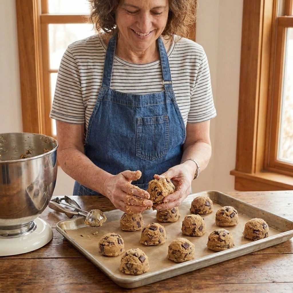 A home baker shaping tall mounds of chocolate chip cookie dough on a parchment lined baking sheet on a kitchen counter