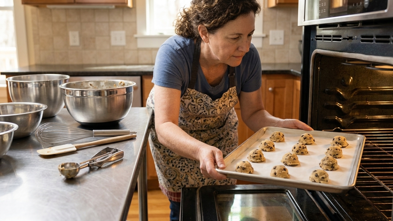 A home baker sliding a baking sheet of cookie dough onto the oven rack, with mixing bowls and a portioned dough scoop on the counter