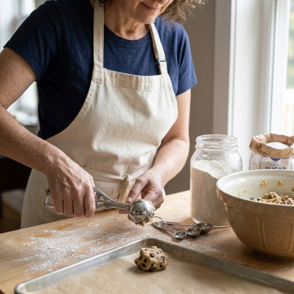 A home baker’s hands scooping cookie dough on a flour-dusted kitchen counter with measuring spoons and a mixing bowl nearby
