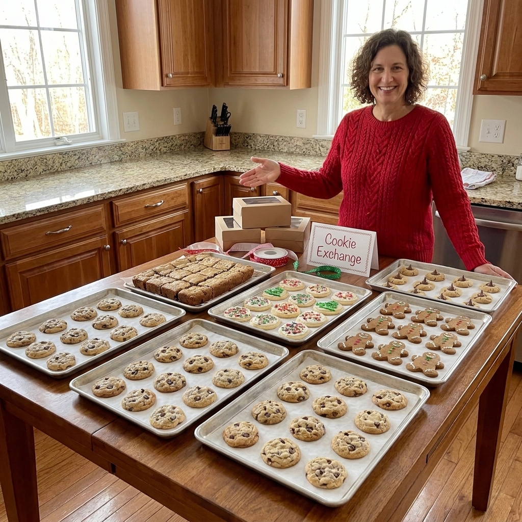 A home kitchen table set for a cookie exchange with multiple trays of assorted cookies cooling on parchment-lined baking sheets