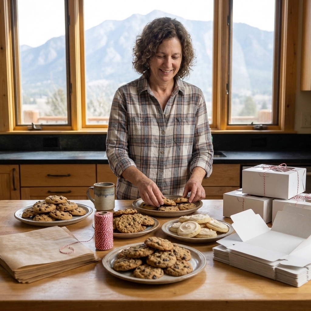 A kitchen table set up for a cookie exchange with several plates of cookies, parchment paper, and empty bakery boxes ready to fill