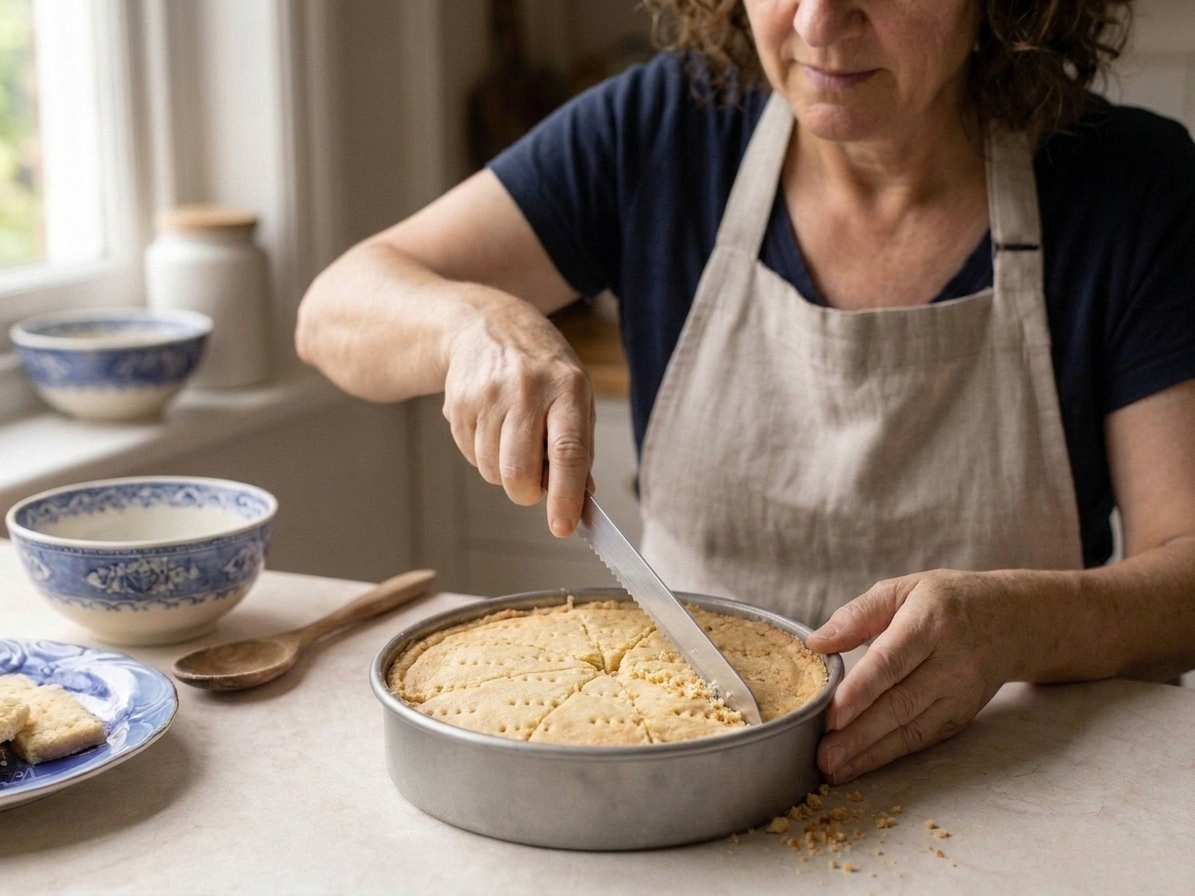 A knife cutting warm shortbread into wedges inside a round shortbread tin, with crumbs collecting near the blade