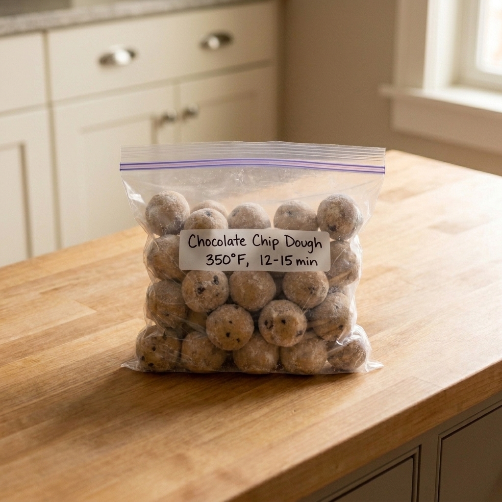 A labeled freezer bag filled with frozen cookie dough balls on a kitchen counter, with baking temperature and time written on the outside