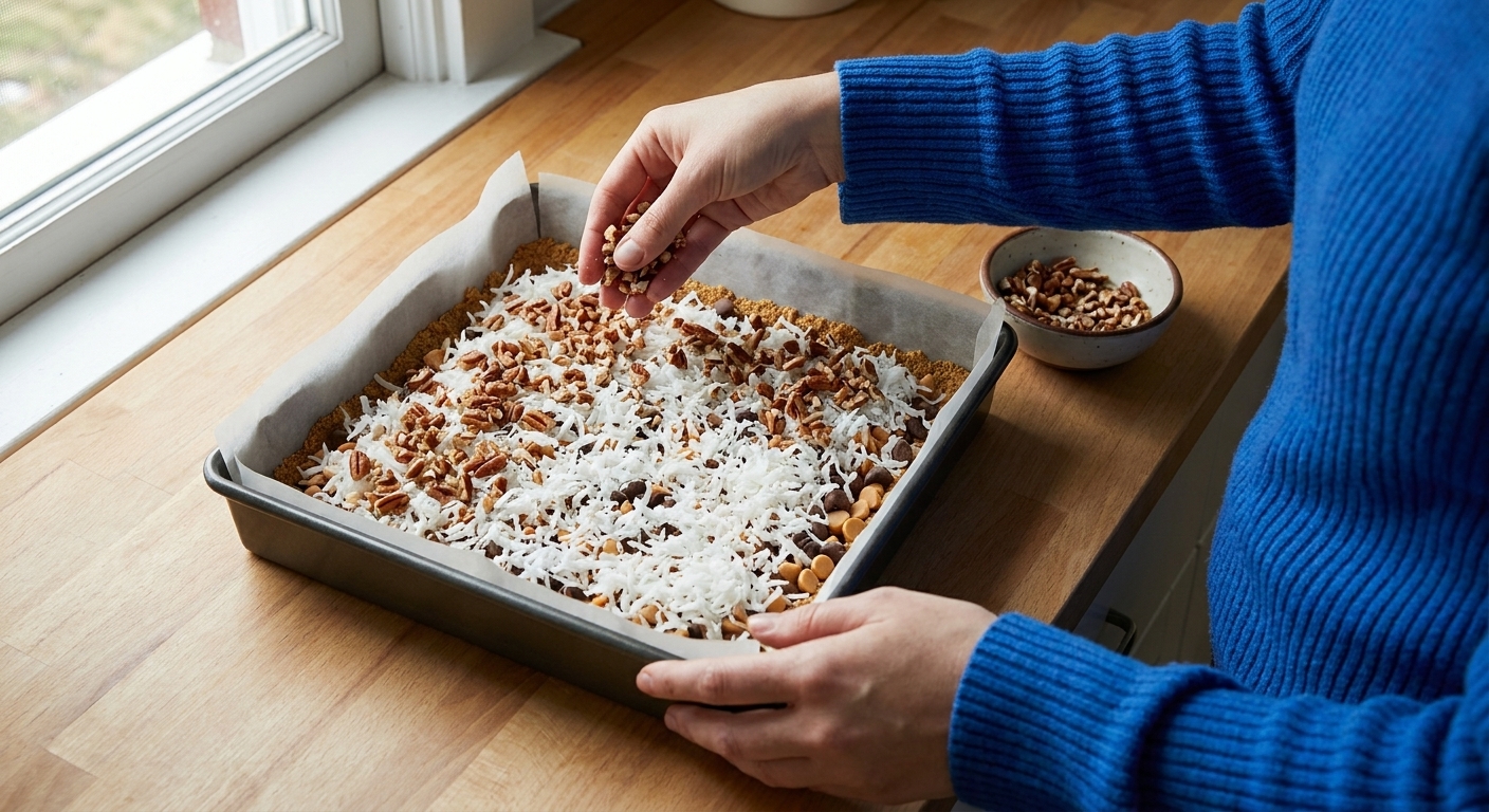 A layer of chopped pecans scattered evenly over shredded coconut in a pan of assembled magic bars