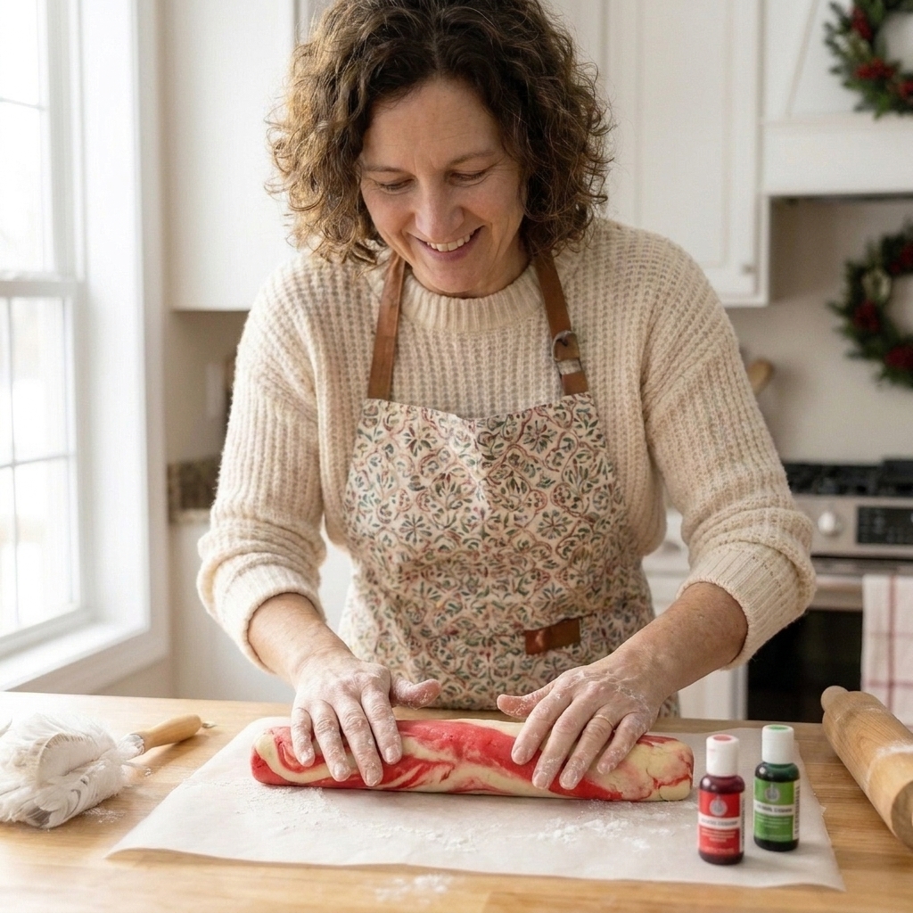 A marbled swirl cookie dough log with red and white streaks being shaped into a smooth cylinder on a baking counter