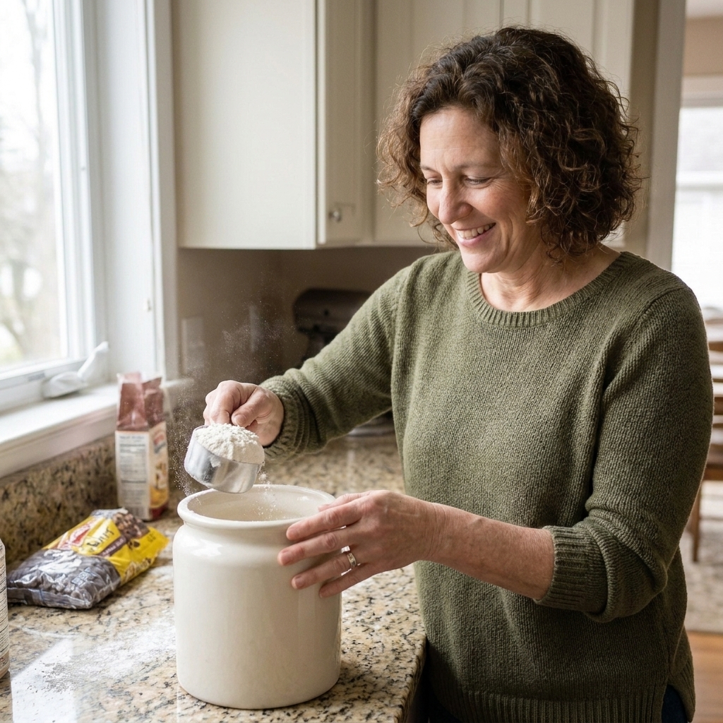 A measuring cup scooping flour from a canister on a baking counter