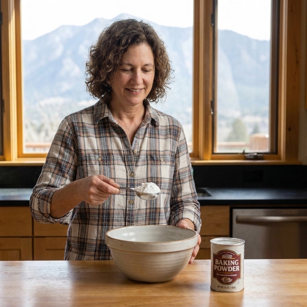 A measuring spoon filled with baking powder held over a mixing bowl on a kitchen counter