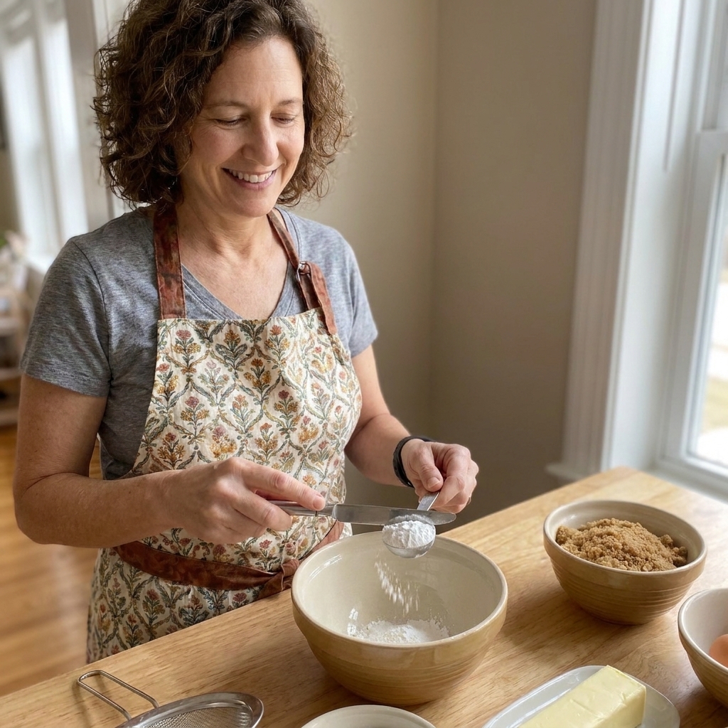A measuring spoon leveling off baking powder over a mixing bowl on a kitchen counter