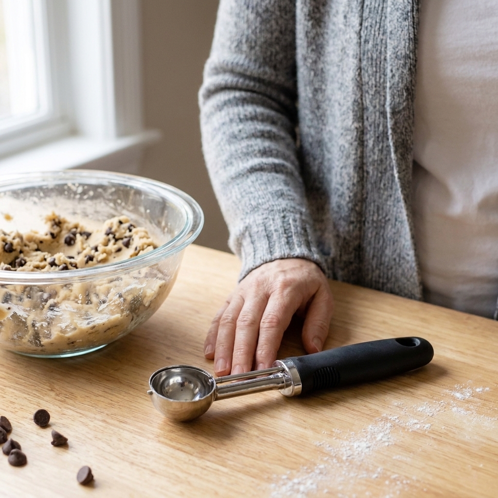 A medium (#30) cookie scoop resting beside a bowl of chocolate chip cookie dough on a wooden countertop