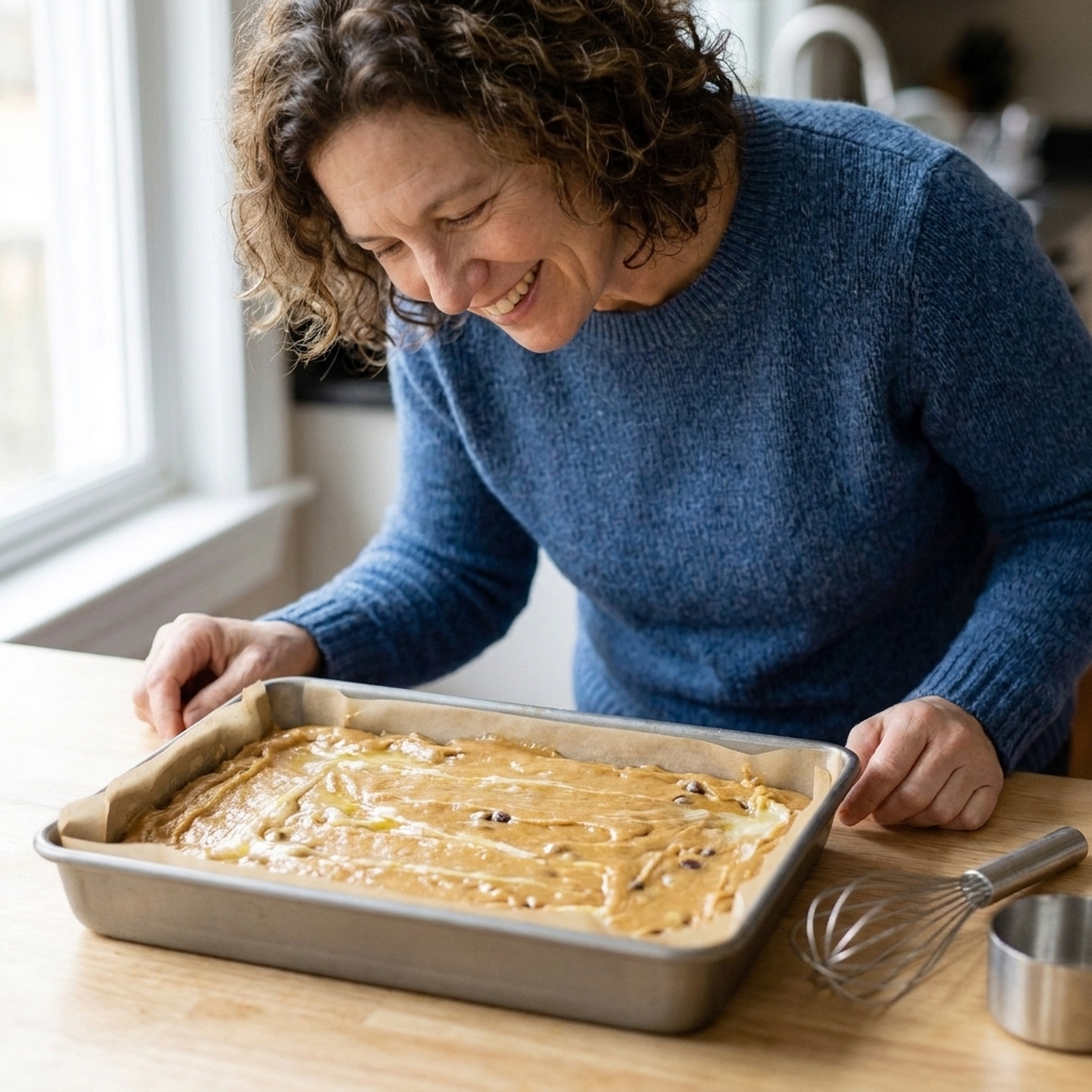 A metal baking pan lined with parchment paper filled with blondie batter, smoothed to the corners on a kitchen counter
