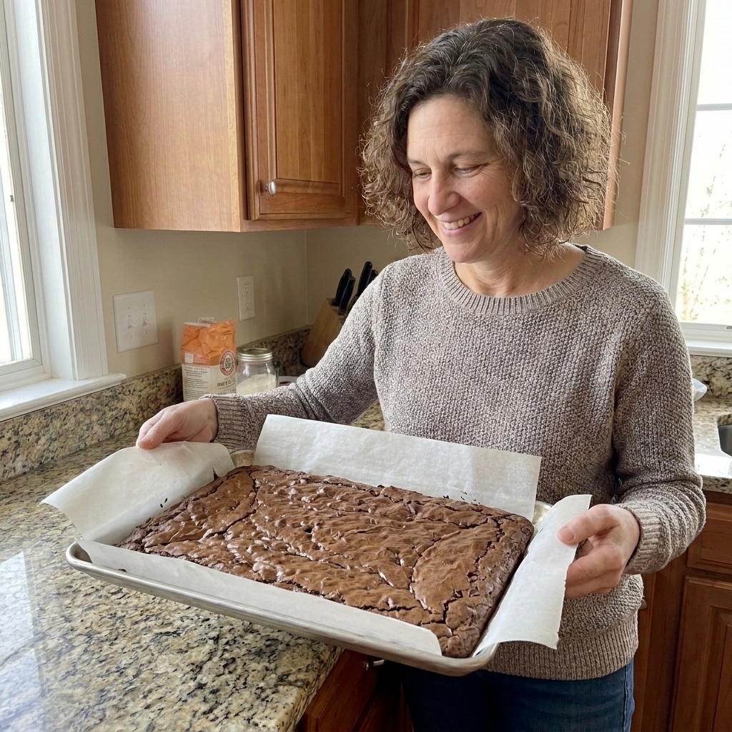 A metal baking pan lined with parchment paper with overhanging sides, holding a slab of baked brownies ready to lift out