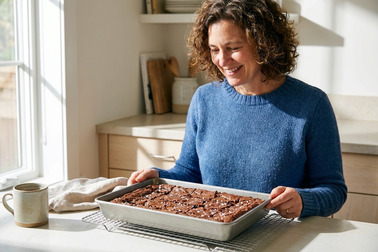 A metal baking pan of brownies resting on a wire rack on a home kitchen counter, cooling completely before slicing