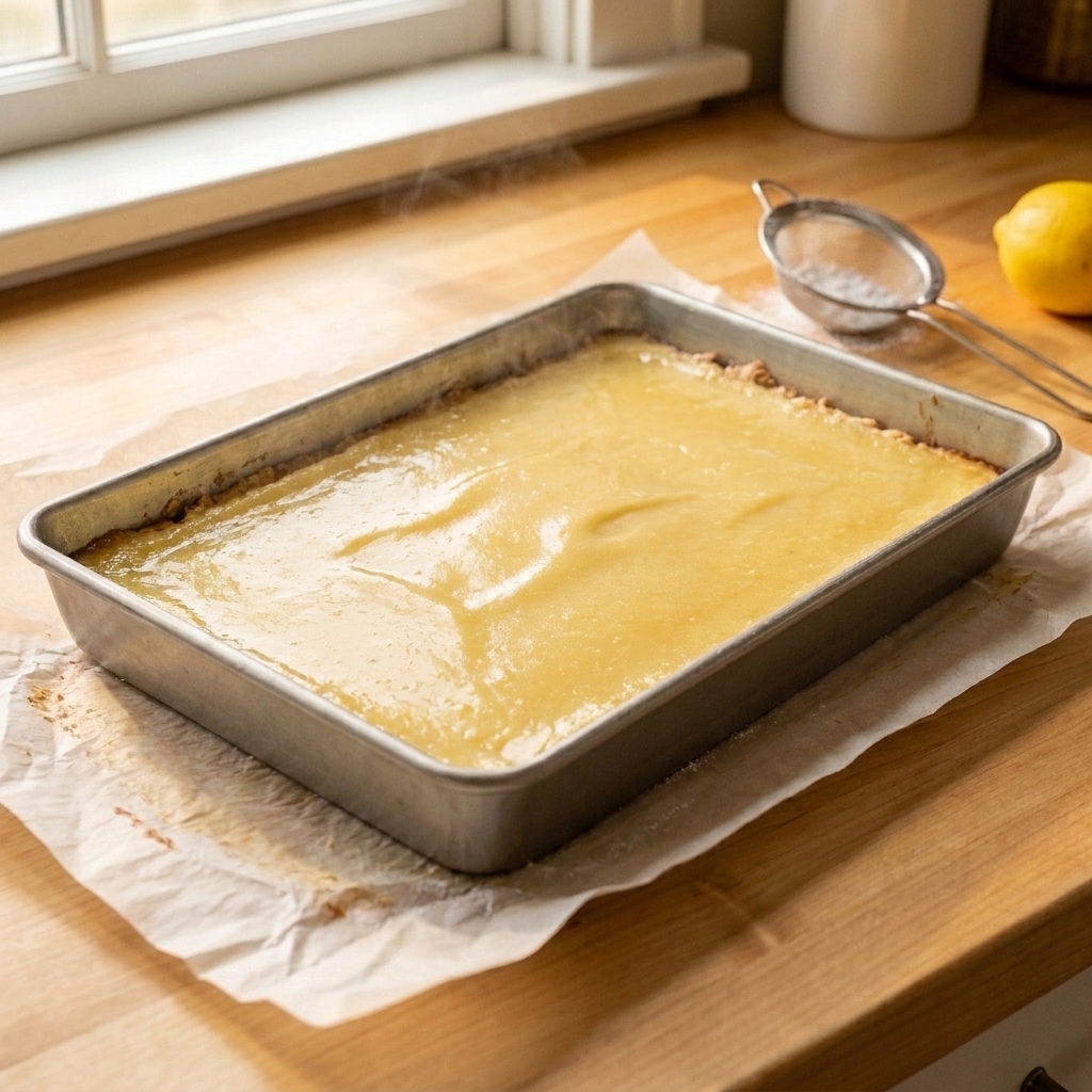 A metal baking pan of lemon bars just out of the oven with a smooth pale yellow top that looks set with a slight jiggle in the center