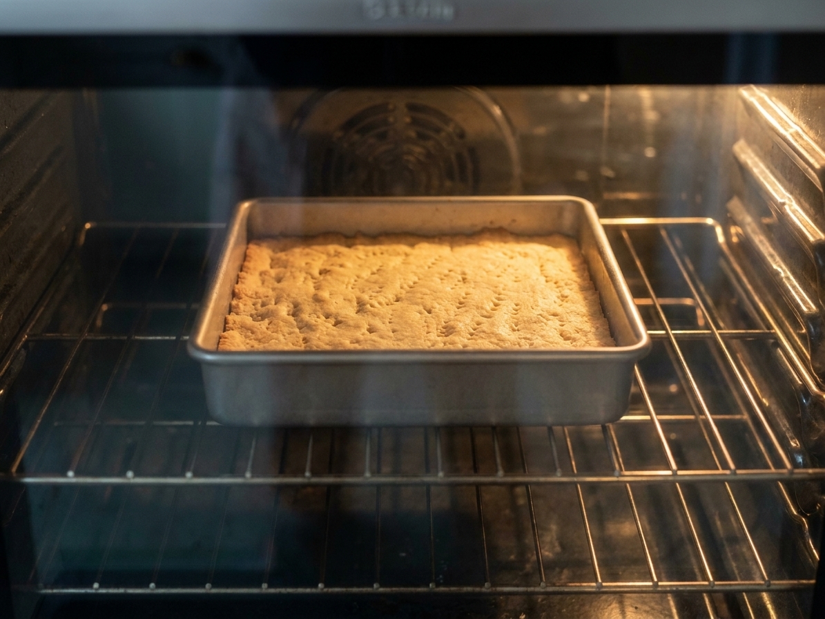 A metal baking pan of shortbread baking on the middle oven rack with the oven light on