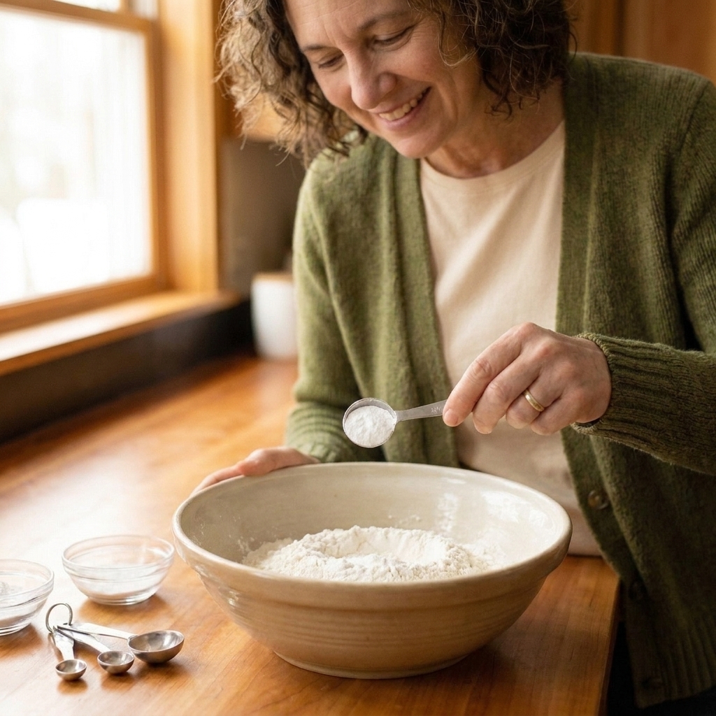A metal measuring spoon filled with baking powder hovering over a bowl of flour on a kitchen counter