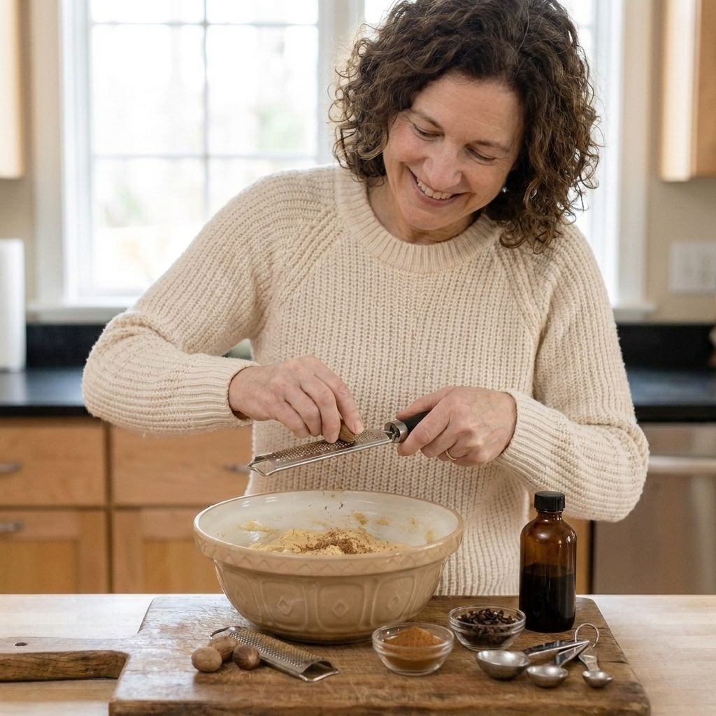 A mixing bowl filled with pale blondie batter on a kitchen counter with freshly grated nutmeg being added using a microplane