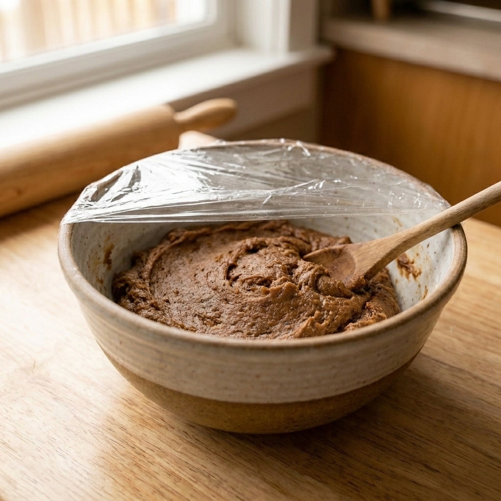 A mixing bowl filled with spiced gingerbread cookie dough ready to be chilled