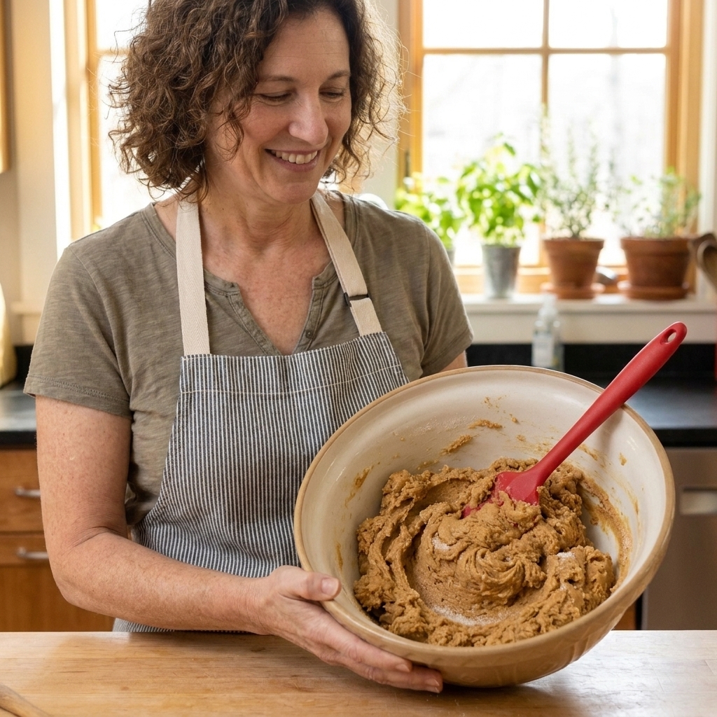 A mixing bowl filled with thick peanut butter cookie dough and a silicone spatula, showing the dough texture before scooping
