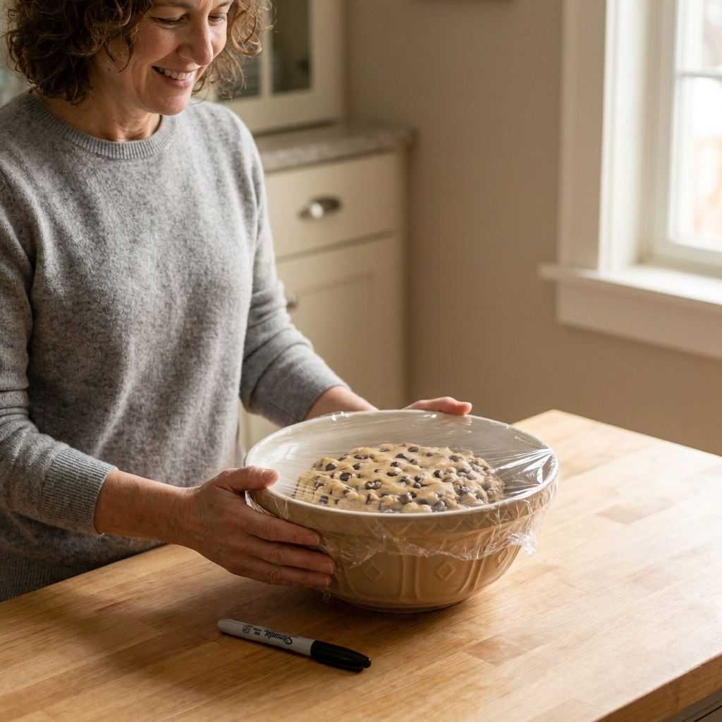 A mixing bowl of chocolate chip cookie dough tightly covered with plastic wrap on a kitchen counter next to a marker for labeling