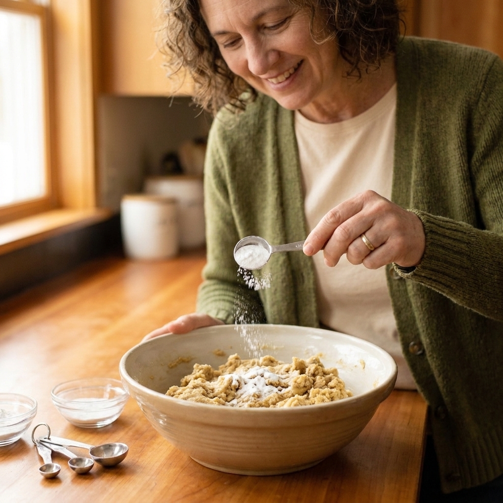 A mixing bowl of cookie dough as a measuring spoon adds baking soda over the surface