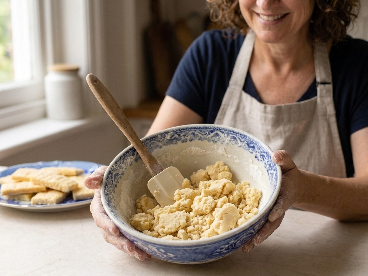 A mixing bowl with crumbly shortbread dough clumps and a rubber spatula, dough not fully smooth