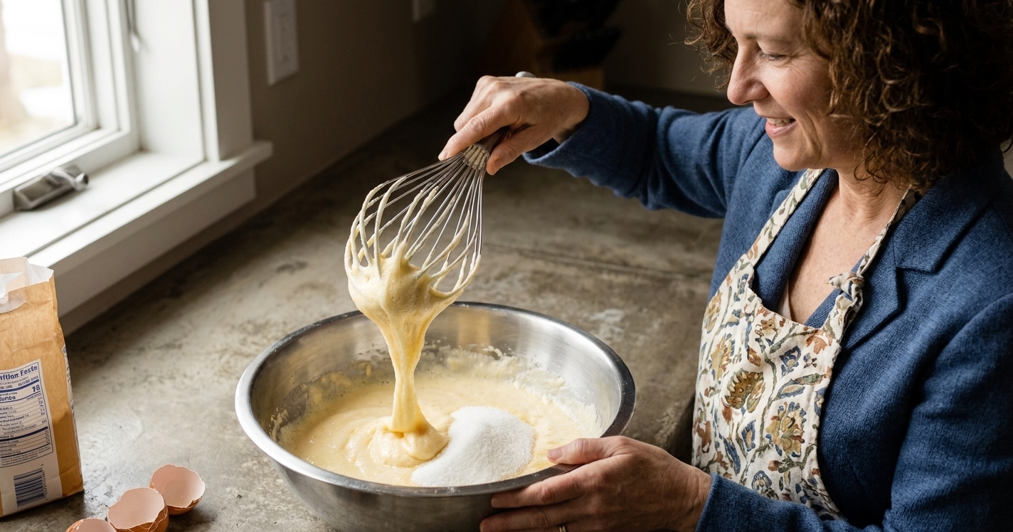 A mixing bowl with eggs and granulated sugar being whisked until pale and thick on a kitchen counter