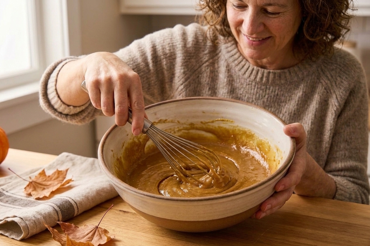 A mixing bowl with melted butter and brown sugar being whisked together until glossy and smooth