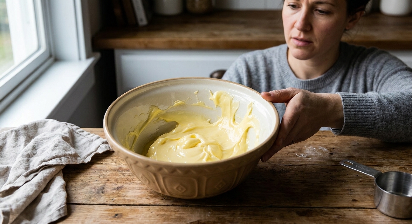 A mixing bowl with overly soft butter that looks glossy and slightly slumped, sitting on a kitchen counter
