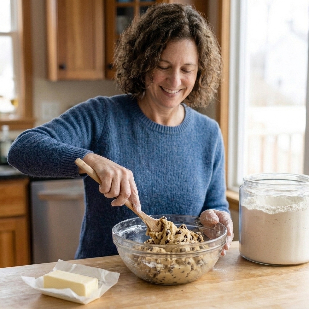 A mixing bowl with thick cookie dough being folded with a spatula on a kitchen counter