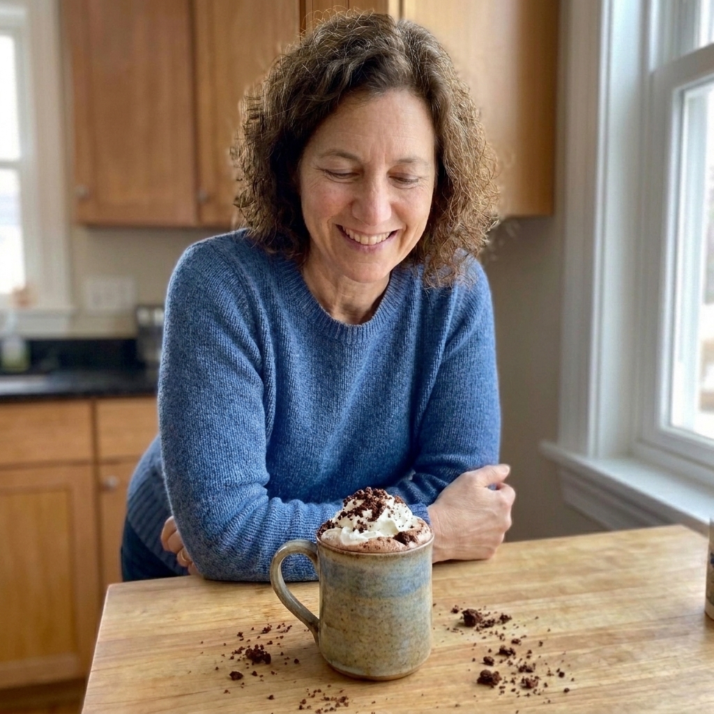 A mug of hot chocolate topped with whipped cream and a sprinkle of brownie crumbs on a cozy table