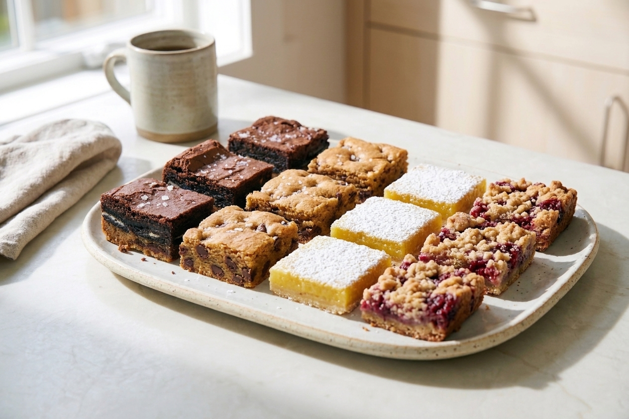 A neat platter of assorted dessert bar squares arranged and ready to serve