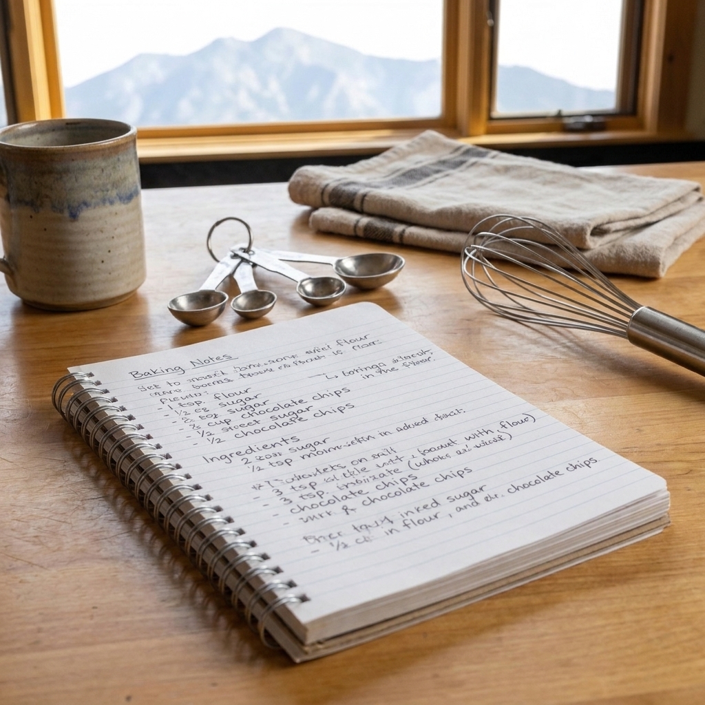 A notebook open on a kitchen counter with handwritten baking notes next to measuring spoons and a whisk