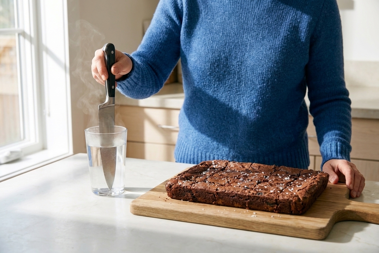 A pair of hands warming a chef's knife in a glass of hot water next to a chilled slab of brownies on a cutting board